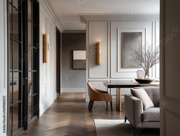 Fototapeta Aesthetic beautiful elegant  modern luxury interior design. Clear mock up empty wall for decoration in the apartment, painting frame. Copy space in the room.