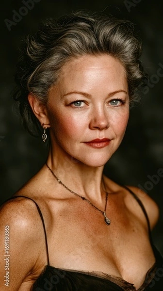 Fototapeta A woman with a necklace and earrings is standing in front of a black background. She has a serious expression on her face
