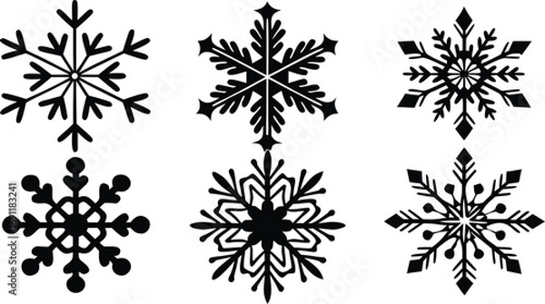 Fototapeta Collection of six black snowflake shapes isolated on white background, perfect for winter and holiday designs
