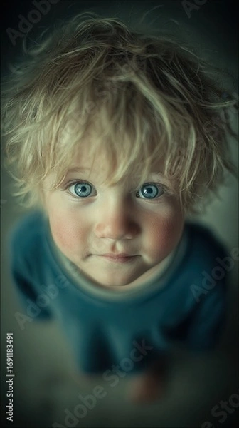 Fototapeta A young child with blonde hair and blue eyes is looking up at the camera. The child is wearing a blue shirt and he is smiling. Concept of innocence and curiosity