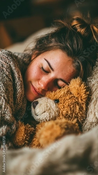 Fototapeta A woman is sleeping with a teddy bear. The teddy bear is brown and has a smile on its face. The woman is wearing a sweater and she is comfortable and relaxed