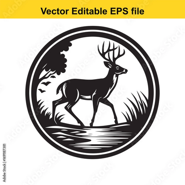 Fototapeta Black and white silhouette of a deer walking in a forest scene within a circle