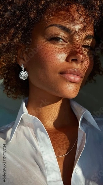 Fototapeta A woman with a necklace and earrings is standing in front of a window. The necklace is made of gold and has a diamond pendant. The earrings are also gold and diamond-shaped. The woman's hair is curly