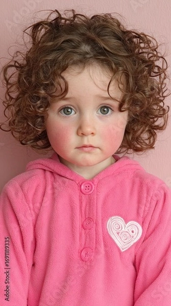 Fototapeta A young girl with curly hair is wearing a pink hoodie with a heart on it. She is looking at the camera with a serious expression