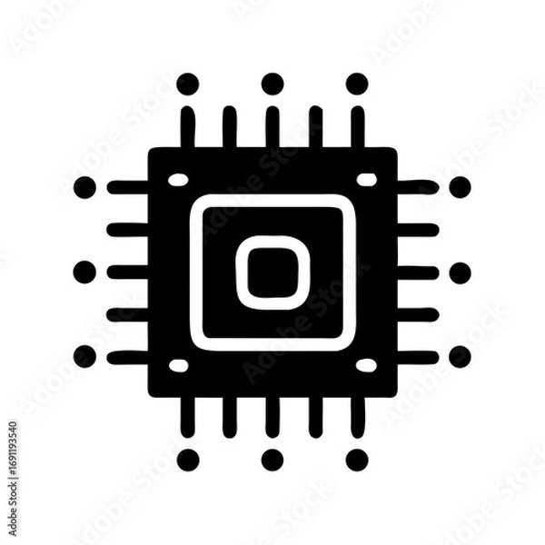 Fototapeta Illustration of a black computer chip with square design and multiple connection points around the edge