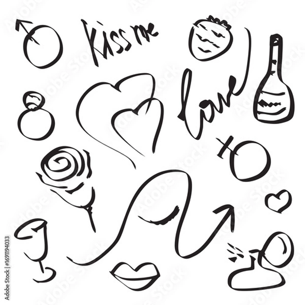 Obraz set of romantic elements of hearts, lips, glass, bottle, perfume, feminine and masculine symbols hand drawn in black on white background