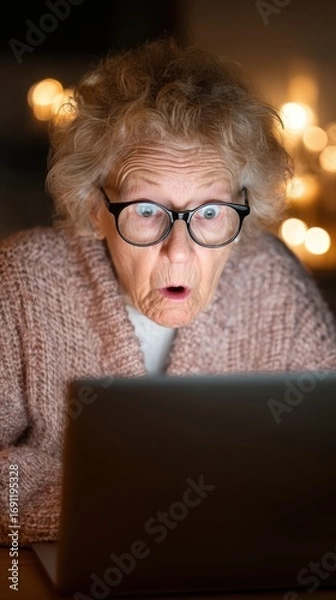 Fototapeta An older woman wearing glasses is looking at a laptop computer. She is surprised or shocked by something she is seeing on the screen