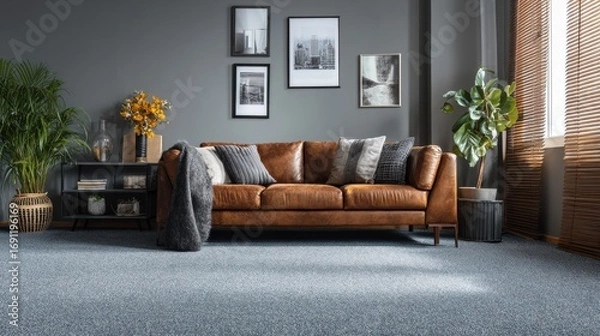 Fototapeta patterned blue carpet in front of brown leather sofa in grey living room interior with posters real photo no logos no brands ar 169