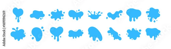 Fototapeta Water splash drop vector liquid puddle fluid shape cartoon icon set. Blue splash element tear blob design rain droplet.