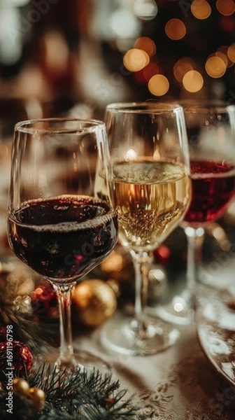 Fototapeta Three wine glasses with different colored wine, one red, one white, and one pink. The wine glasses are on a table with a Christmas tree in the background