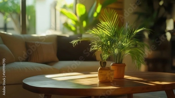 Fototapeta 朝日の光が差し込むリビングルーム 木製テーブルとソファ 熱帯植物の鉢植えが並ぶ 穏やかな日常の風景