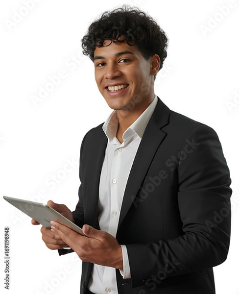 Fototapeta Smiling young entrepreneur using digital tablet for work and communication on black background