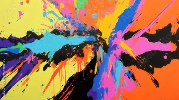 Obraz Abstract Splatter Paint Explosion with Vivid Blue Yellow Pink and Black Colorful Background