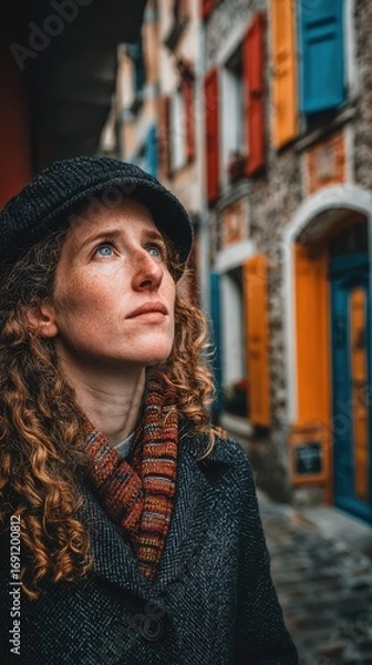 Fototapeta A woman with red hair and a black hat stands in front of a colorful building. She is looking up at something, possibly a bird or a plane. The scene has a sense of curiosity and wonder