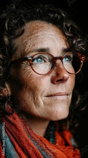 Fototapeta A woman with glasses and a red scarf is looking at the camera. She has a smile on her face