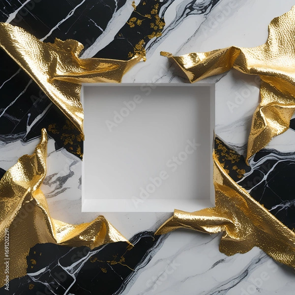 Fototapeta A festive party backdrop with a luxurious marble texture and a golden foil frame. Mockup modern border  for anniversaries, art, and  branding.