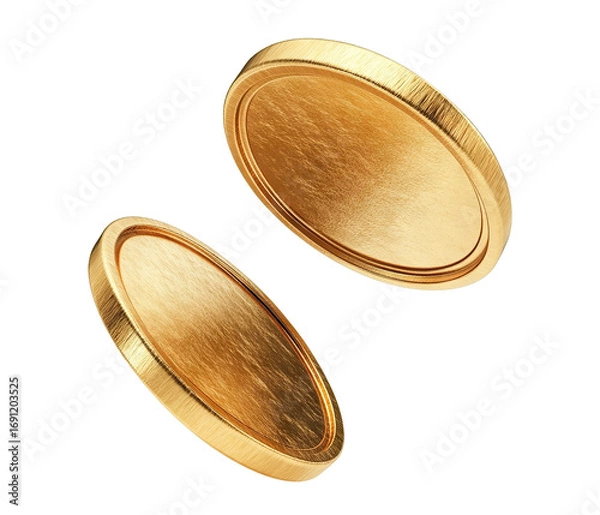 Fototapeta Two gold blank coins floating, isolated on transparent cutout background
