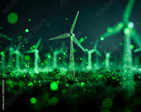 Fototapeta Futuristic digital rendering of wind turbines illuminated by green neon lights in a virtual environment