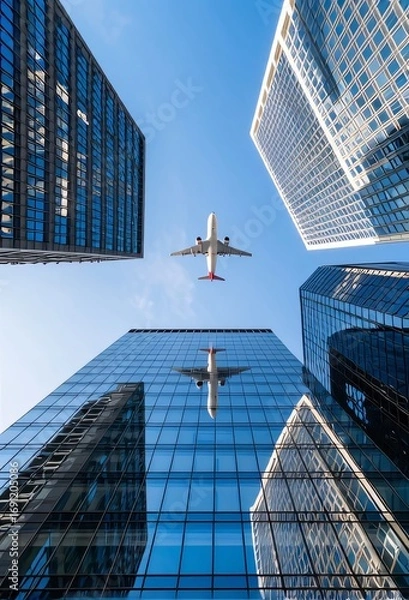 Obraz Airplane Flying Above Glass Buildings with Reflections Below