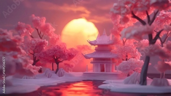 Obraz ピンク色の桜の木と伝統的な建築物が夕日に照らされる静謐な風景