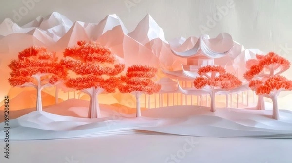 Obraz 日本の寺院 赤い木 白い雪山の景色 紙の彫刻 繊細な職人技 オレンジ色の照明が差し込む背景