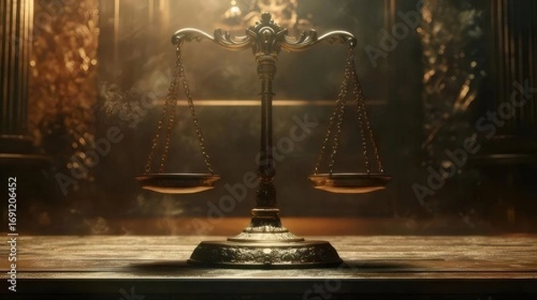 Obraz Golden Scales of Justice Centered on Stone Slab against Ornate Backdrop in Soft Light