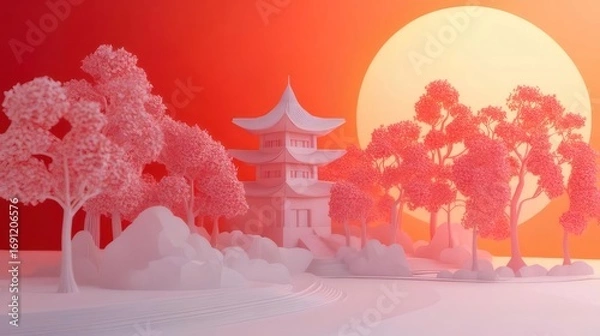 Obraz 夕焼けの抽象的なローポリ日本庭園 静かな雰囲気 白い寺院とピンクの木々 大きな太陽が昇る 静かな場所