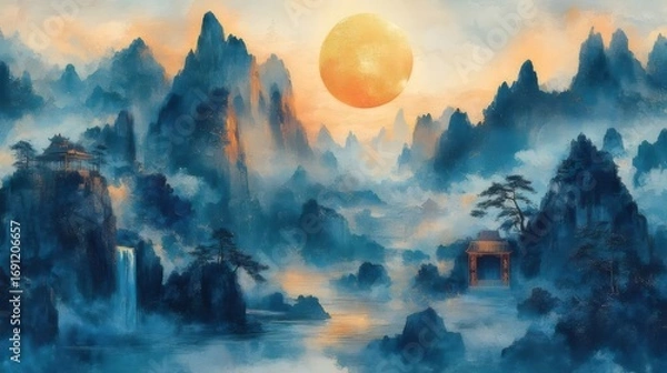 Obraz 青い山の風景の中の大きな黄色い太陽と霧と滝の景色の神秘的な水彩画
