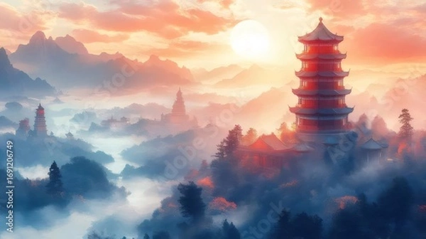 Obraz Sunset Over Ancient Red Pagodas and Misty Green Mountains Under Orange Sky in China