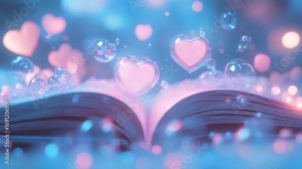 Obraz Open Book with Glowing Pink Hearts Floating in a Dreamy Blue Atmosphere