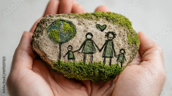Fototapeta Hands gently holding a moss-covered rock with a drawn family and tree symbolizing love, care, and protection of nature and human connection