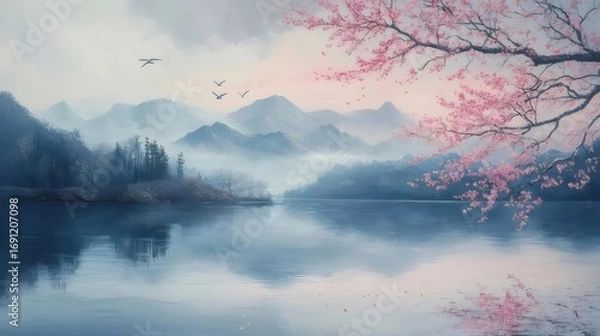 Obraz 水面に映る桜の枝と霧がかった山の静かな風景 春の日本の淡いピンクと青の色調