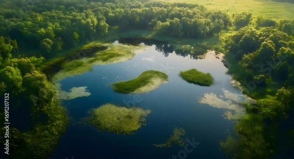 Obraz 緑豊かな森林に囲まれた静かな湖の航空写真と明るい太陽光