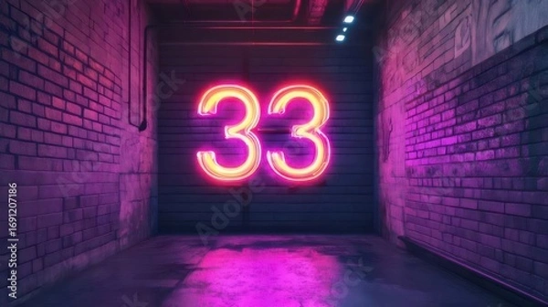 Obraz Neon Number Thirty Three Glowing in Dark Tunnel with Brick Walls and Purple Reflections
