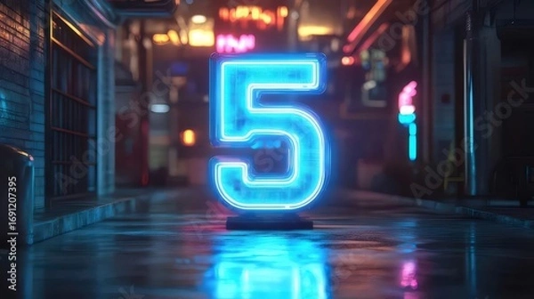 Obraz Blue Neon Number Five on Wet Cobblestone Street with Blurry Neon Signs at Night