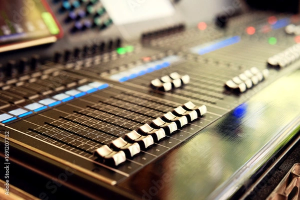 Obraz Professional audio equalizer DJ remote control in studio. Sound and music recording industry. Modern sound equipment.