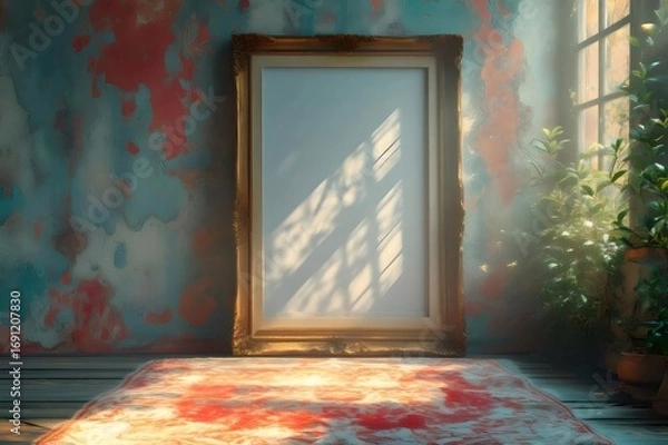 Obraz Empty Golden Frame Leaning on Red Rug in Room with Plants and Sunlight