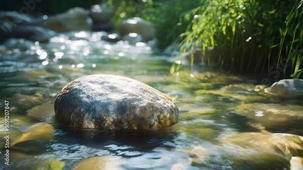 Obraz Sunlit Stream with Smooth Stone and Green Grass Serene Waterscape in Soft Focus