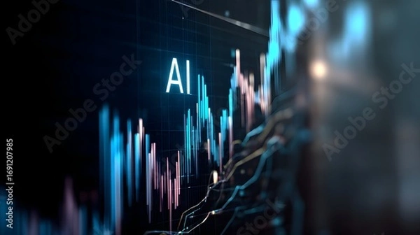 Fototapeta Close-up of a smartphone screen displaying the text 'AI' with a futuristic digital interface, symbolizing artificial intelligence technology.