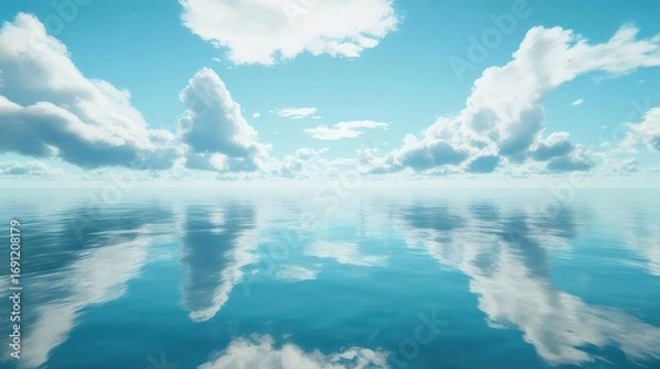 Obraz 穏やかな青い海に反射するふわふわとした白い雲が広がる空の壮大な景色