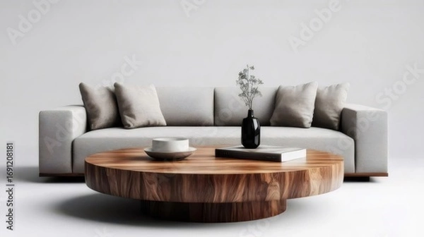 Obraz Modern Living Room with Textured Gray Sofa Wood Coffee Table and Decorative Vase on White