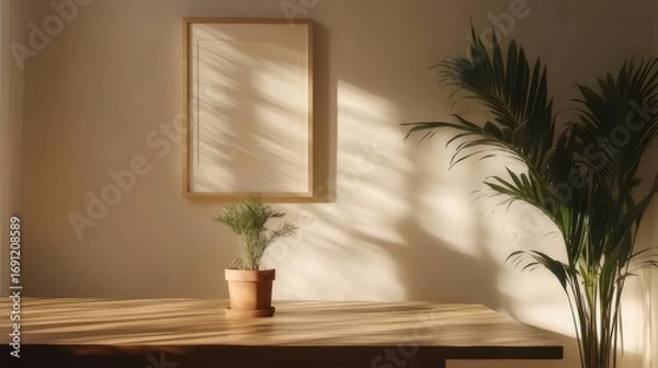 Obraz Wooden Tabletop with Potted Plants Against a White Wall and Artwork in Warm Sunlight