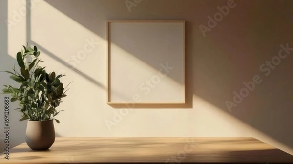 Obraz Empty Frame on Beige Wall with Sunlight and Potted Plant on Brown Wooden Table