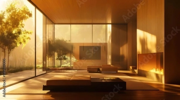 Obraz Warm Sunlight Streaming Into Modern Living Room with Fireplace and Minimalist Furniture