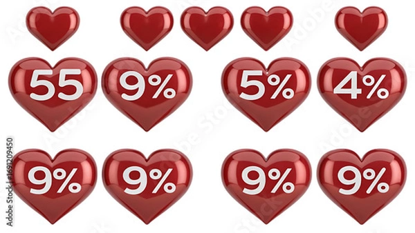 Obraz Red heart shapes with percentage and number symbols, representing discounts and offers, isolated on transparent background