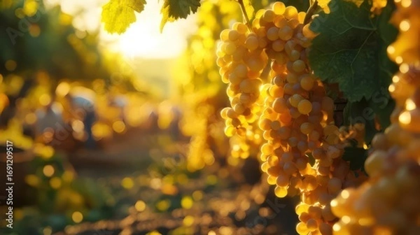 Obraz Close Up of Ripe White Grapes Hanging on Vine with Sunlit Vineyard Background at Sunset
