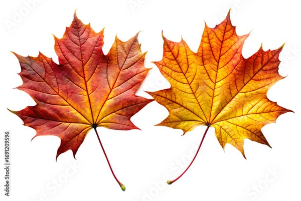 Obraz Two colorful maple leaves in autumn colors, isolated on transparent background