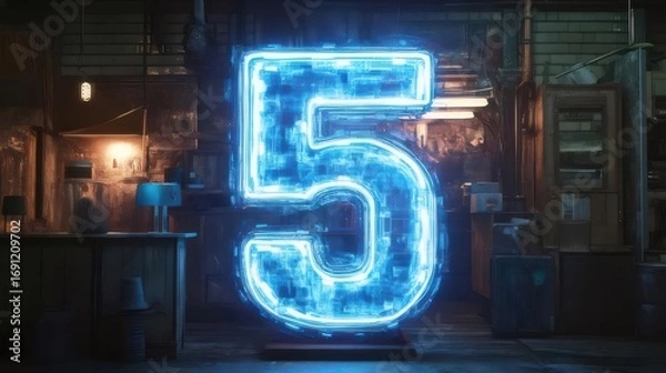Obraz Glowing Blue Number Five in Dimly Lit Industrial Setting with Dark Background