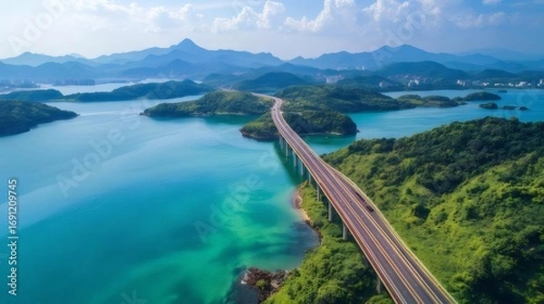 Obraz Aerial View of Bridge Over Turquoise Lake Surrounded by Green Hills Under Blue Sky
