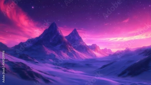Obraz 雪山と紫色の夕暮れ空に輝く星々幻想的な景観美